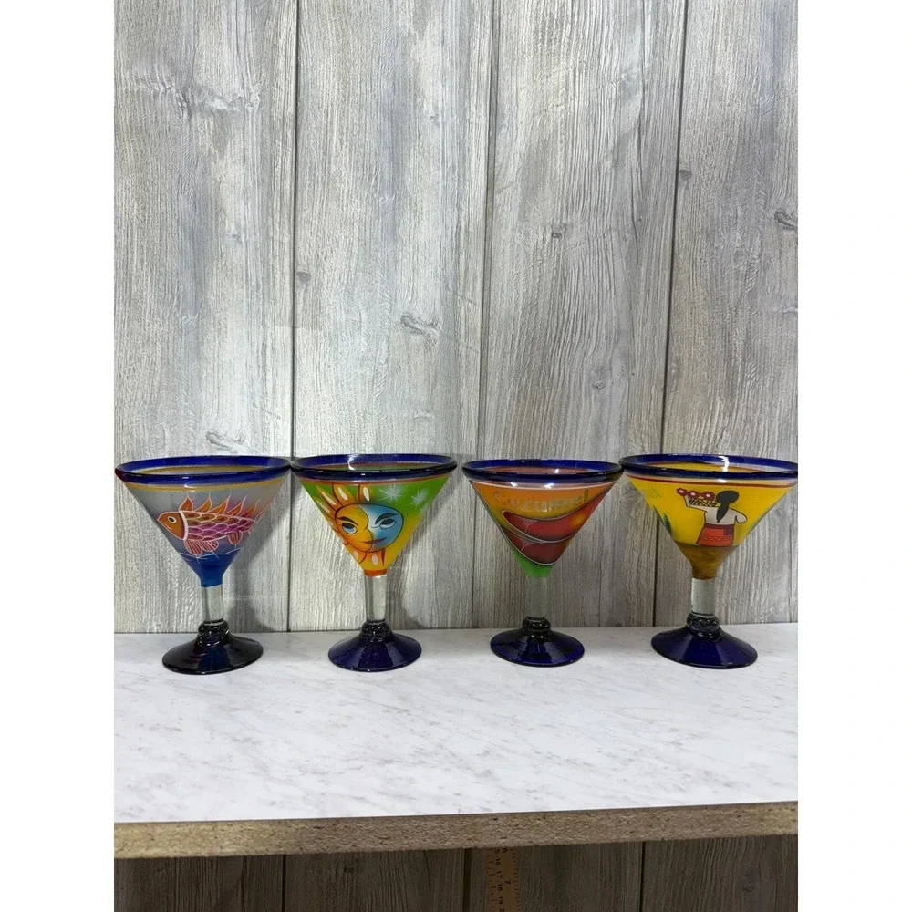 Set of 4 Hand Painted Mexican Martini Glasses Cozumel Cobalt Blue Rim 7in